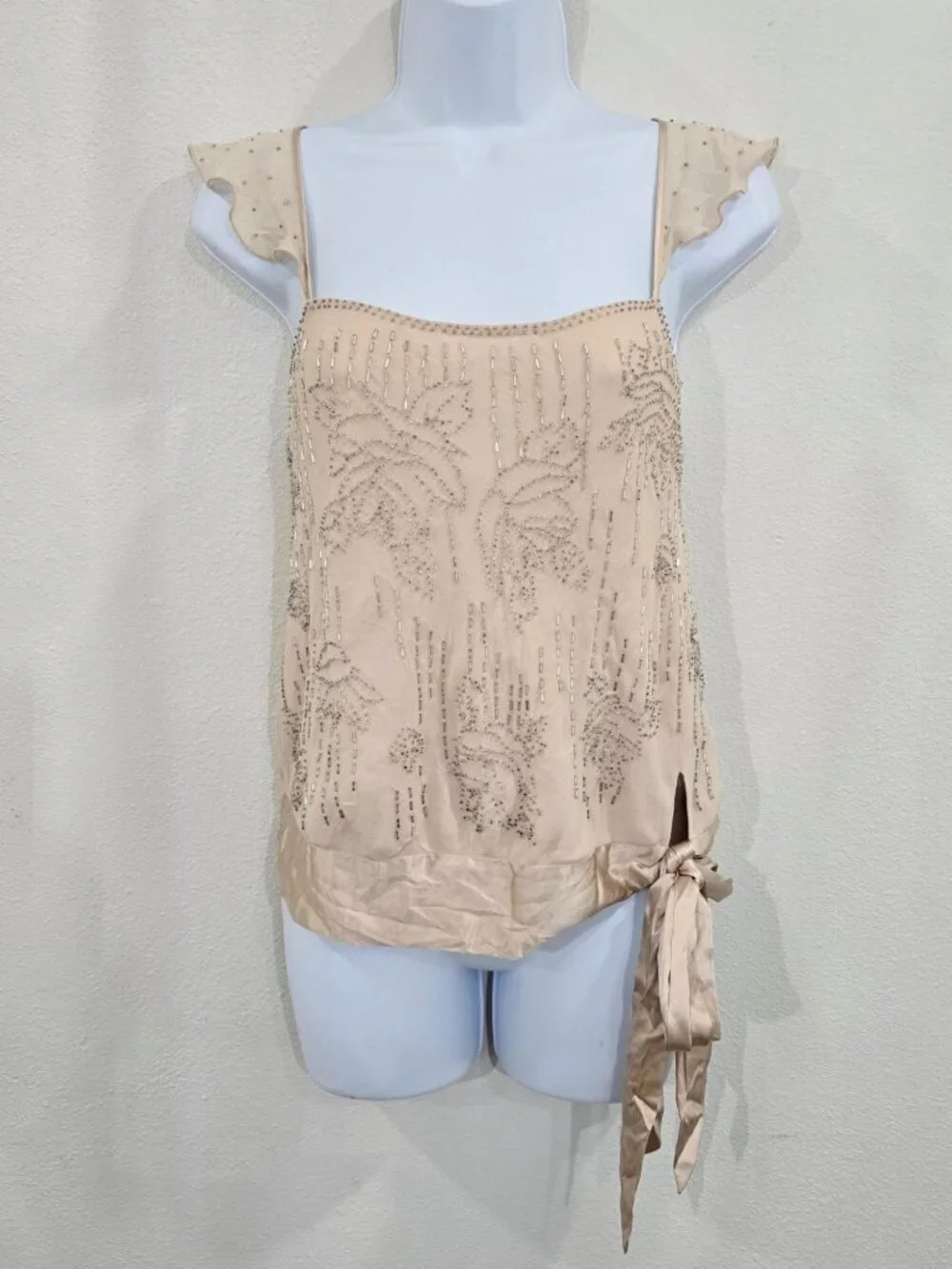 Express ✦ Silk Ruffle Sleeve Blouse ✦ Side Tie Beaded Embellished Floral XS - Picture 2 of 11